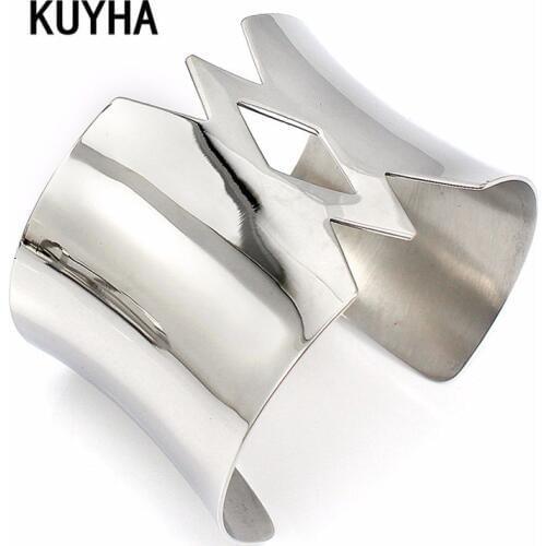 Charm Bangles Elegant Open Cuff Wristband Stainless Steel Hollow Geometric Round Bracelet Pulseira Feminina