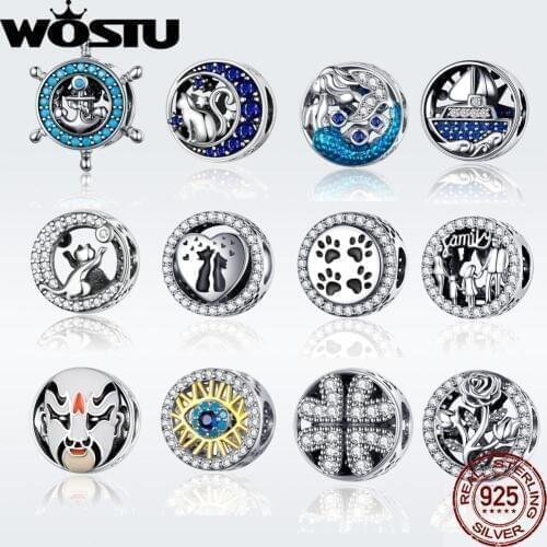 WOSTU 12 Style Beads Real 100% 925 Sterling Silver Classic CZ Kitty Facial Beads Fit Bracelet & Bangle DIY Jewelry Gift