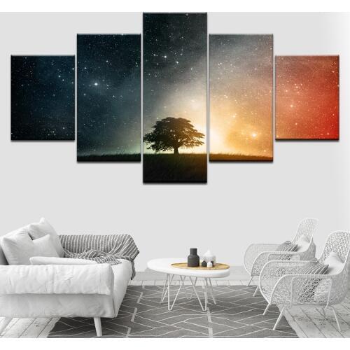 The tree with Starry sky landscape 5 Piece Canvas Wallpapers modern Poster Modular art painting for Living Room Home Decor