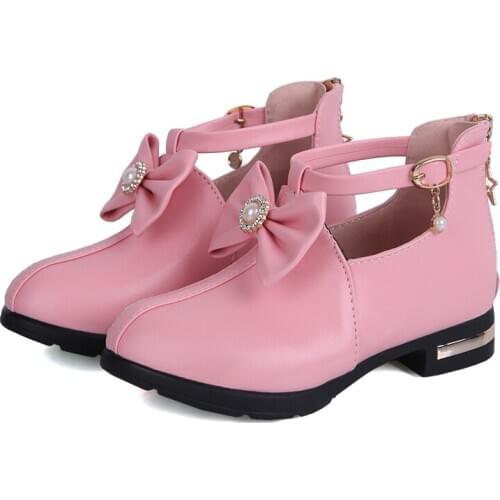 Kids Shoes Girls Princess Shoes Leather Solt Sole Student Spring Single Shoes Pure Color Non-slip Lovely Bow STQ006