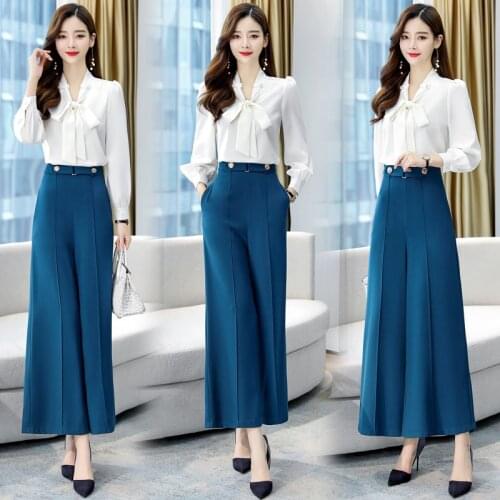 Women 2 Pieces Sets 2021 Spring Solid Tops Shirt Blouse+Long Wide Leg Pants Trousers Office Lady Two Piece Suits