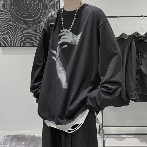 Long-sleeved t-shirt mens spring and autumn tide brand trend Japanese round neck loose top mens oversized long sleeves