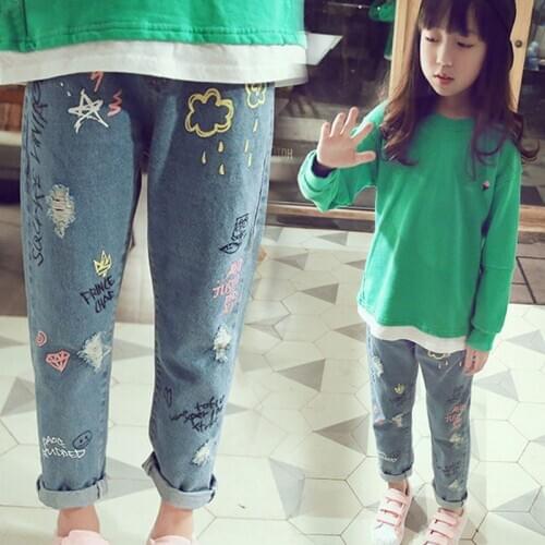 Personality cloud graffiti printing hole casual children jeans,Childrens Clothing For Girl Kids Pants Boutique Children Trouser