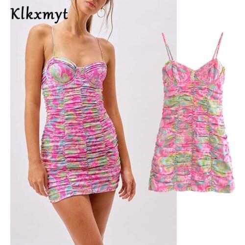 Klkxmyt Za 2021 Summer Dress Woman Fashion Floral Print Dress Woman Mini Dresses Female Vintage Thin Strap Backless Sexy Dresses