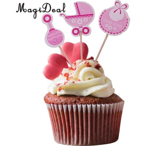 MagiDael New 18Pcs Baby Shower Baby Carriage Bib Rattle Cupcake Topper It'a a Girl/Boy for Birthday Baby Announcement Food Picks