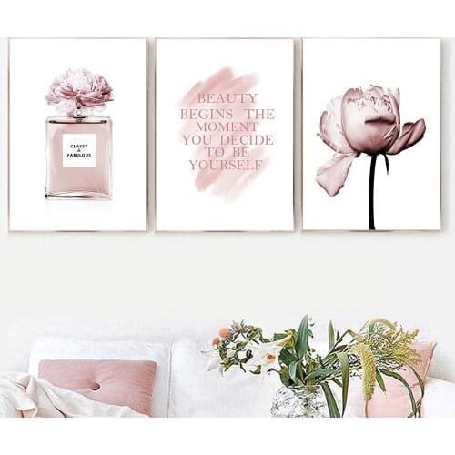 Fashion Perfume Art Poster Pink Flower Art Print Water Color Quotes Canvas Painting Modern Wall Pictures For Girl Room Decor