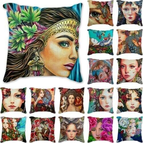 Cushion Covers Beautiful girl Print Pillowcase Short Plush Decor Flower oil painting Pillow Home Pillow Case Cushion cover