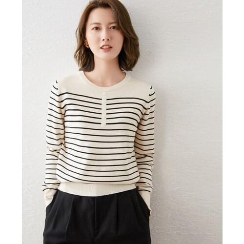 Autumn And Spring Cashmere Wool Blended Sweater O-neck Women Pullover Color Striped Slim Bottoming Knitted Shirt