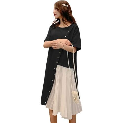 Womens Dress Maternity Mother Dress Short-Sleeved Beaded Stitching Chiffon Maternity Dress Black and White Patchwork Summer Tops