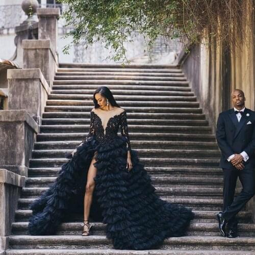 Luxury Black Wedding Dresses Aso Ebi Style Long Sleeves Deep V Neck Beaded Front Slit Ruffles Long Bridal Gown With Train