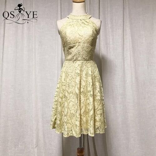 Yellow Short Prom Dresses Lace Evening Gown Halter neck Prom Dress Girl A Line Dress Sleeveless Formal Gown