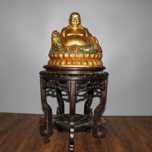 12"Tibet temple Old Bronze Gilt Cloisonne Maitreya Sitting Buddha Rosewood base set Enshrine the Buddha