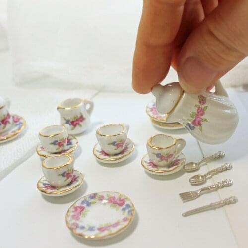 15PCS Dolls House Miniature 1:12 Mugs Cups Pot Set Furniture Toys Ceramic Coffee Tea Cups Dollhouse Kitchen Accessory Kids Gift