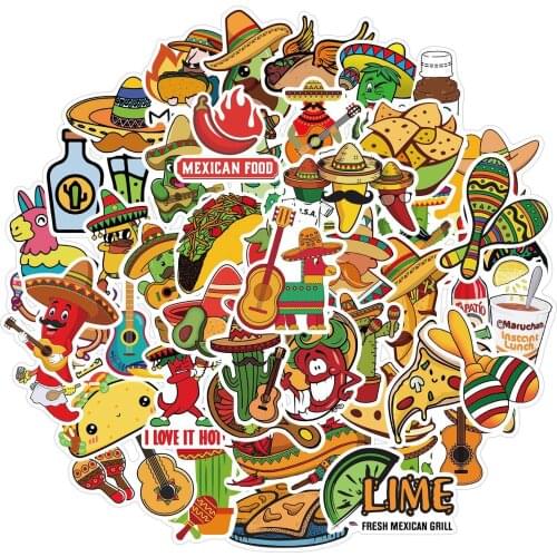 50pcs/SET Mexican food Theme Sticker Waterproof fit Car Laptop Skateboard Surfboard Luggage Bicycle Kids Toy Home Decor