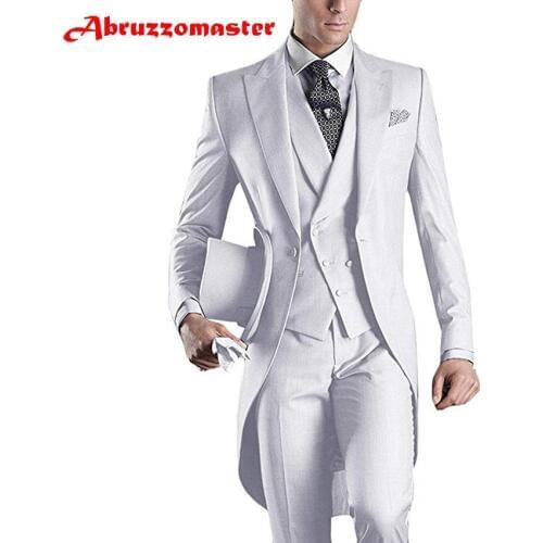 Abruzzomaster White Morning Suits Mens Handsome 3 Pieces Tailcoat Suit Set Business Suit for Men Formal Wedding Suits