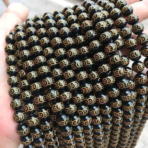 8mm 10mm Natural Black Agates Carving Coins /Om mani padme hum/ Dragon Stone Beads For DIY Jewelry Making Round Loose Beads 15