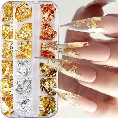 12 Color Gold Silver Foils Random Gorgeous Aluminum Flakes Paillette Chip Nails Glitter Design Shinny Sparkles Decoration Paper