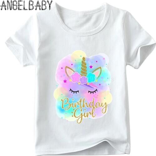 Happy Birthday Girl Unicorn Face Cartoon Print T-shirt Children Summer Short Sleeve Tops Kids Funny Present Baby T shirt,ooo5249