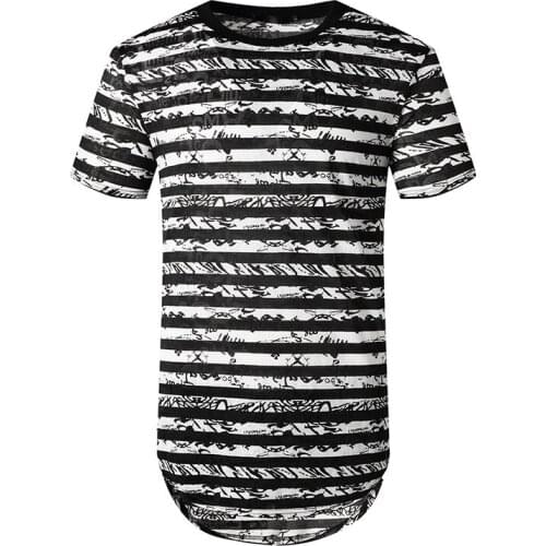 Mens Striped Hip Hop Longline Crewneck T-Shirt 2020 Fashion Print Short Sleeve T Shirt Men Casual Streetwear Tee Shirt Homme