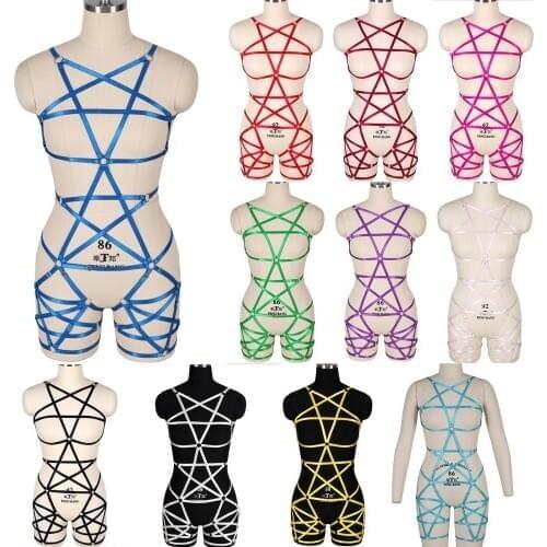 Pentagram Sexy Lingerie Goth Punk Bdsm Fetish Full Harness Holographic Bondage Harness For Women Garter Adjust Waist Size Sword