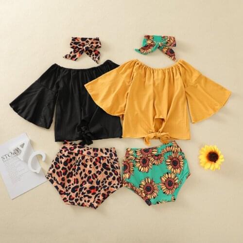 2021-04-08 Lioraitiin 0-3Years Toddler Baby Girl 3Pcs Summer Set Off Shoulder Short Sleeve Solid Top Sunflower Printed Shorts