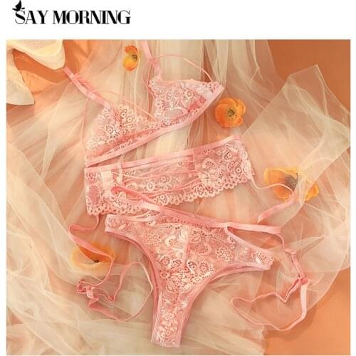 SAY MORNING 2020 New Sexy Bra & Brief & Garters Sets Sexy Lingerie Sets Women Intimates Lace Ultrathin Hollow out Underwear