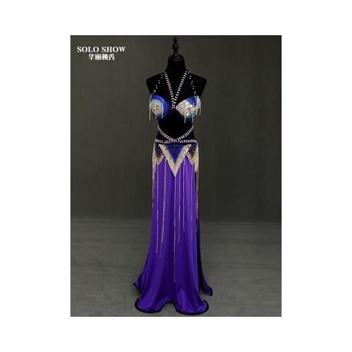 2020 new belly dance performance costume diamond pure handmade purple blue heavy industry sexy top costume suit can be customize