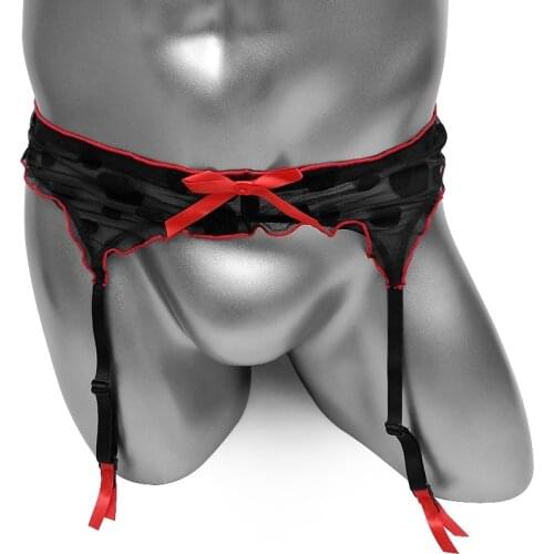 Frilly Poka Dot Lace Garter Belt For Sissy Mens Sexy Perspective Garters Belt For Stockings Harness Mesh Lingeries Underwear