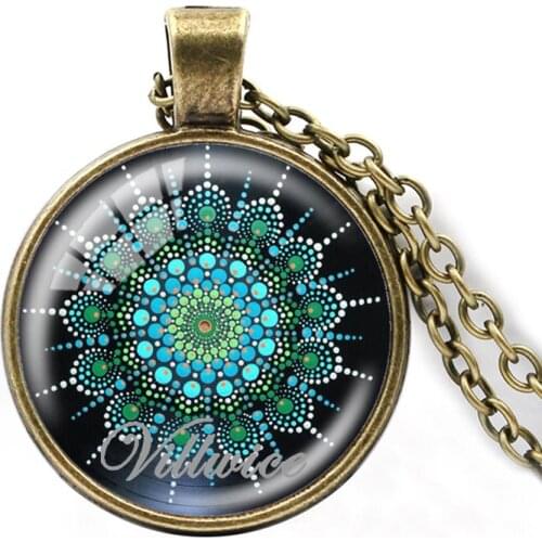 VILLWICE Fashion Mandala Drawings Art Picture Necklace Bohemian Glass Dome Sacred Geometry Chakra Pendant For Women Jewelry Gift