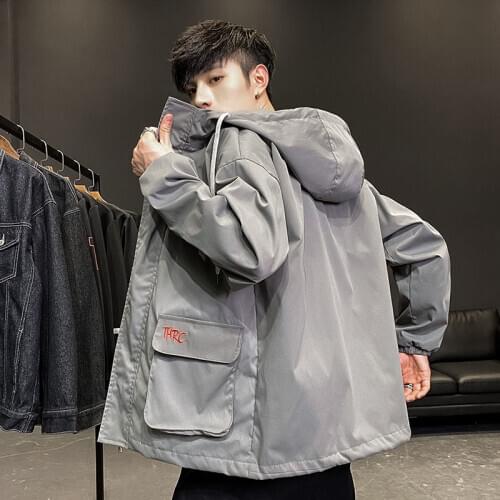 Mens spring and autumn new baseball uniform hooded tooling coat tide brand Joker loose leisure