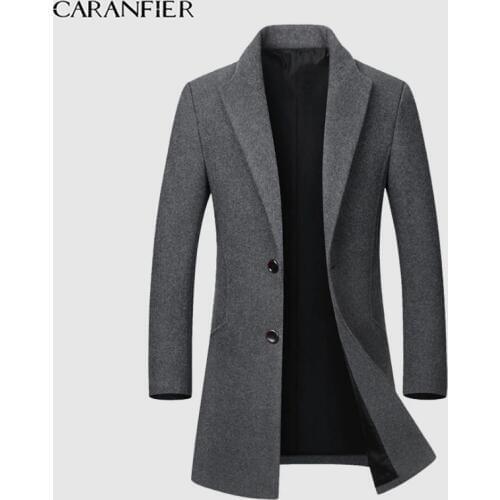 CARANFIER Mens Wool Coats High Quality Autumn Long Single Breasted Windbreaker Business Solid Color Slim Fit Jackets Overcoats