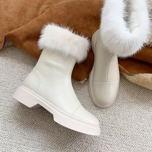 Osunlina Ankle Boots Woman White Genuine Leather Round Toe Warm Wool Fur Footwear Comfortable Handmade Shoes Plus Size 34-43