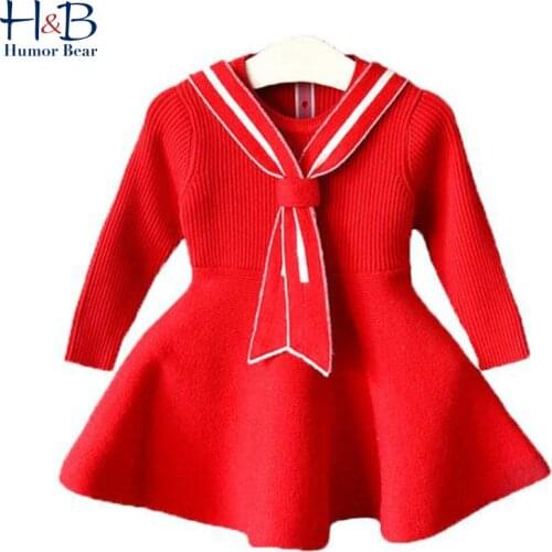 Humor Bear Girls Dress 2020 Autumn Winter New Girl Dress Korean Core-Spun Cotton Sweater Fall Girl Streamer Casual Solid Color