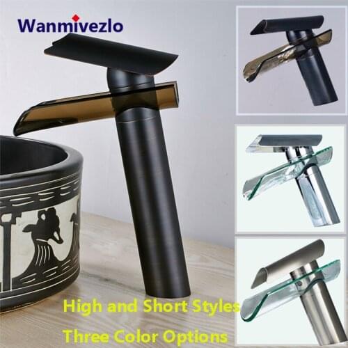 Waterfall Glass Spout Bathroom Faucet Deck Mounted Black Bronze Basin Mixer Tap Countertop Waterfall Hot Cold Basin Faucet