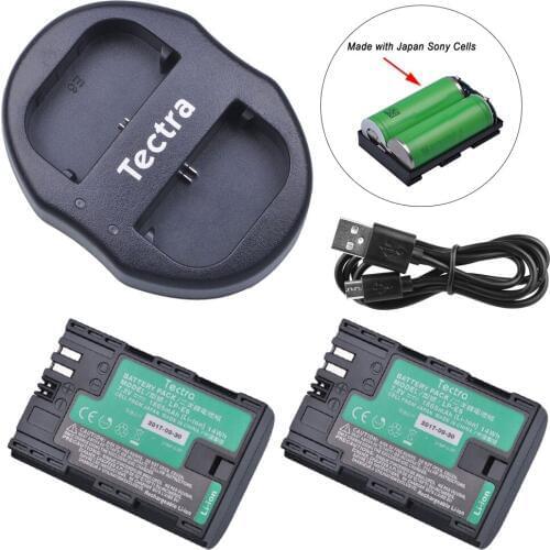 Tectra 2Pcs LP-E6 LP-E6N Battery+USB Dual Charger for Canon EOS 5D Mark III 5D Mark II 7D 60D 6D Battery with Japan Sony Cells