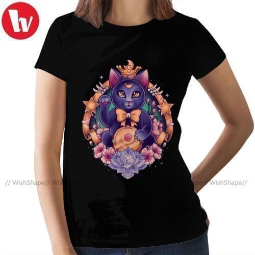 Maneki Neko Lucky Cat T-Shirt Maneki Luna T Shirt O Neck Kawaii Women tshirt Cotton Green Ladies Tee Shirt