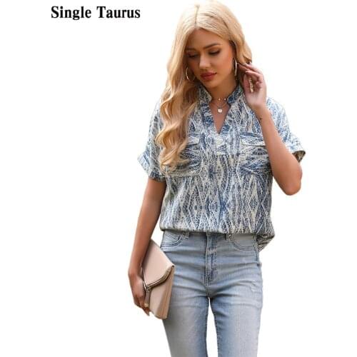 Tie Dye Blue Women Blouse 2021 Summer Fashion Short Sleeve V Neck Sexy Tops Elegant Casual Shirt Blouses for Women Pullover