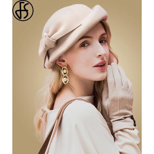 FS Vintage 100% Wool Fedora Hat Women Wedding White Berets 2020 Winter Black Church Hats Pearls Ladies Felt Bow Pillbox Hat