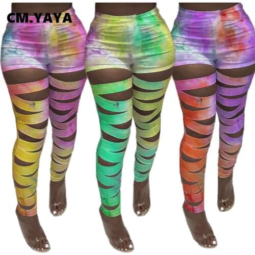 CM.YAYA Women Tie Dye Print Hollow Out Legging Pants High Waist Lace Up Cross Pencil Sexy Party Streetwear Trousers
