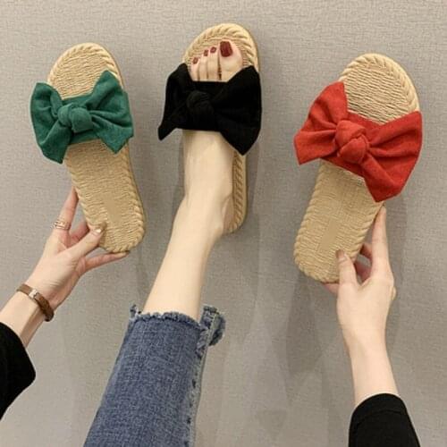 Ladies Casual Beach Slippers Trendy Summer Fashion Bowknot Elegant Flat-Bottom Pure Color Simple Slippers for Outer Wear