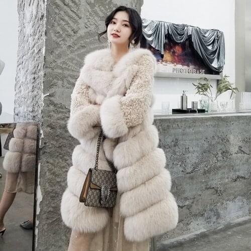 Women Three Quarter 100% Natural Real Fox Fur Long Coat Ourterwear with Lamb Wool Sleeves