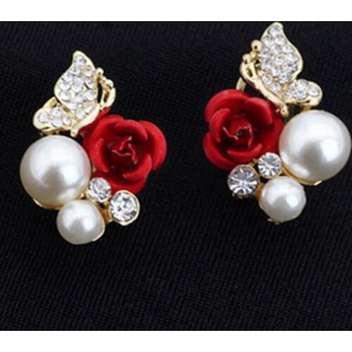 1 Pair Of Earrings For Women Fashion Red Rose Imitation Pearl Inlaid Crystal Crystal Zircon Flower Earring Jewelry Accessories