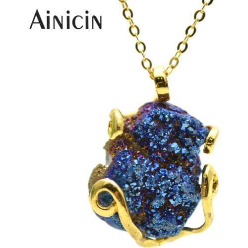 5pcs Navy Blue Natural Drusy Crystal Tortoise Shape Pendant Necklace For Men and Women