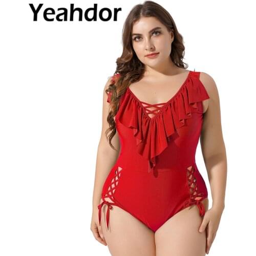 Big Sizes Women One-piece Swimwear Swimsuit V Neck Ruffle Trim Removable Bust Pads Hollow Out Bodysuit Swimming Bathing Suit