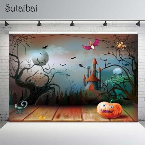 Happy Halloween Backdrop Photography Castle Moon Bat Spider Cat Skull Withered Tree Photo Background Poster Photo Booth Banner
