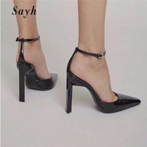 Summer Women High Heel Pumps Pointy Toe Stiletto Black Patent Leather Sandals Ankle Strap Party Rome Gladiator Sexy Shoes