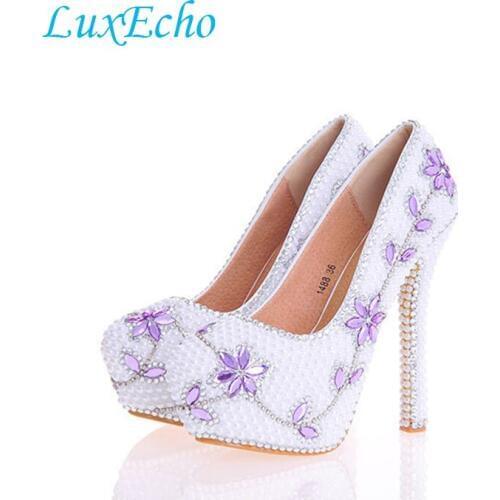 LuxEcho Women white pearl Lavender stone wedding shoes Bride fashion shoes woman High heels Platform shoes real leather insole