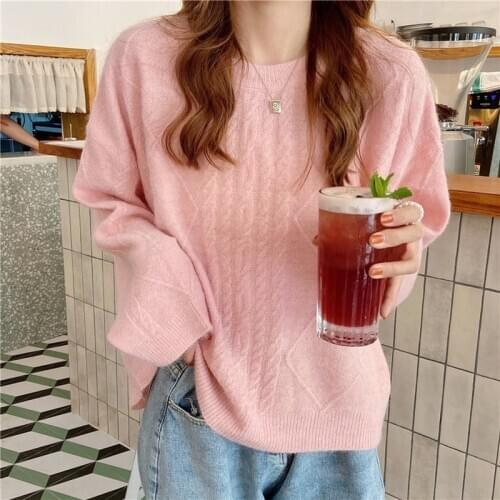 New Style for Autumn and Winter Macaron Knit Low Waist Linen Flower Color Sweet Round Neck Loose Pullover Sweater Female Fashion