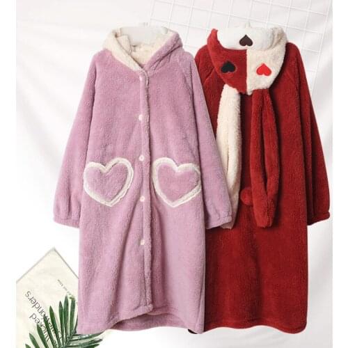 Autumn and winter warm coral fleece womens home service loose plus size thickening love rabbit cartoon nightdress flannel night