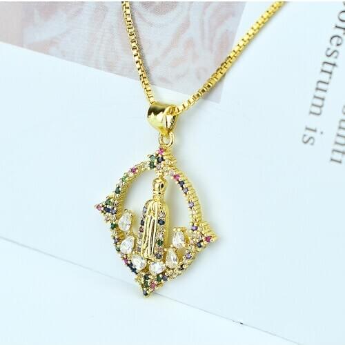 Virgin Mary Necklace Gold Color Rainbow AAA Cubic Zirconia Statement Necklace Women Fashion Pendant Catholic Jewelry